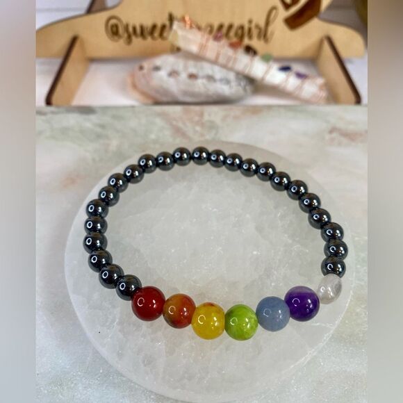 Handmade Hematite Rainbow Chakra Mixed Gemstone Bead Bracelet Set - Picture 3 of 8